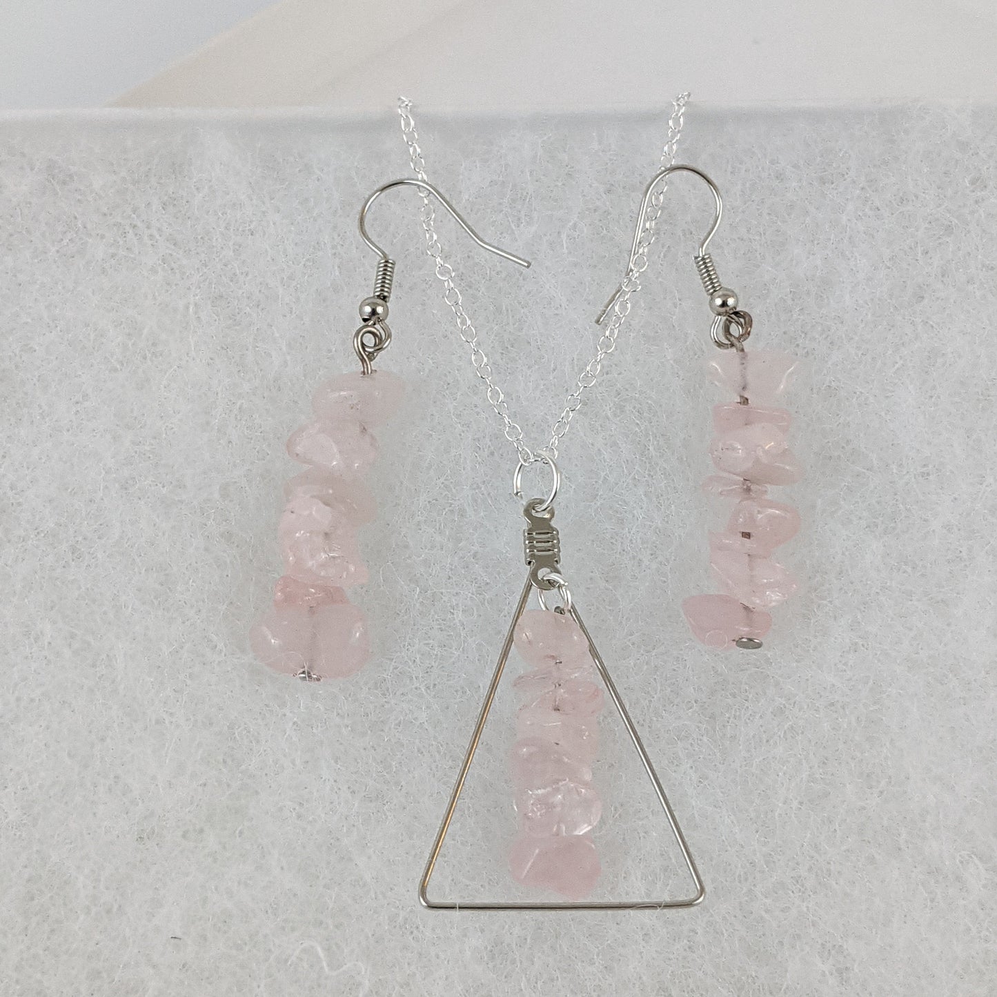 Rose Quartz Triangle Pendant and Dangle Earrings Set