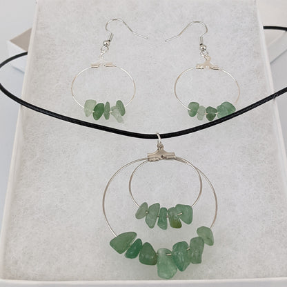 Aventurine Double Circle Pendant and Circle Hoop Earrings Set