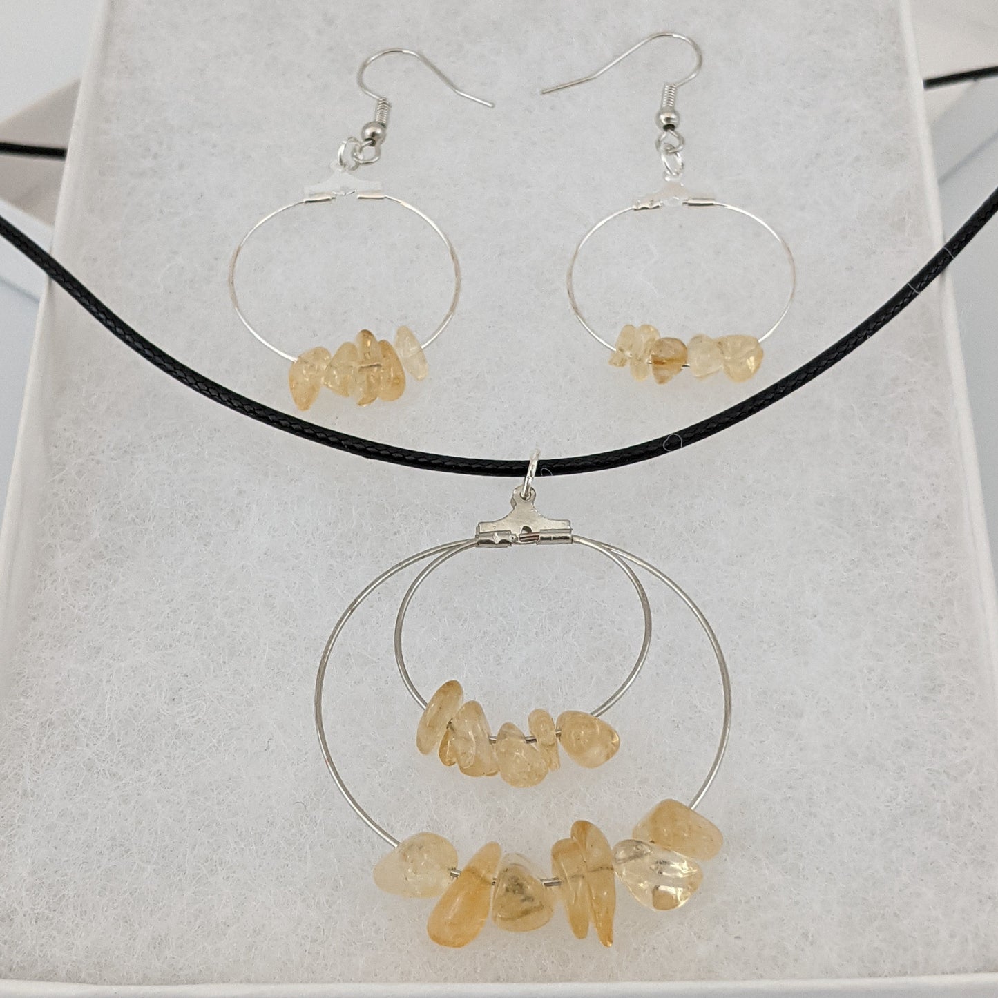 Citrine Double Circle Pendant and Circle Hoop Earrings Set