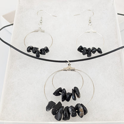 Black Agate Double Circle Pendant and Circle Hoop Earrings Set