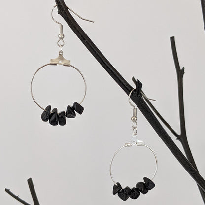 Black Agate Double Circle Pendant and Circle Hoop Earrings Set