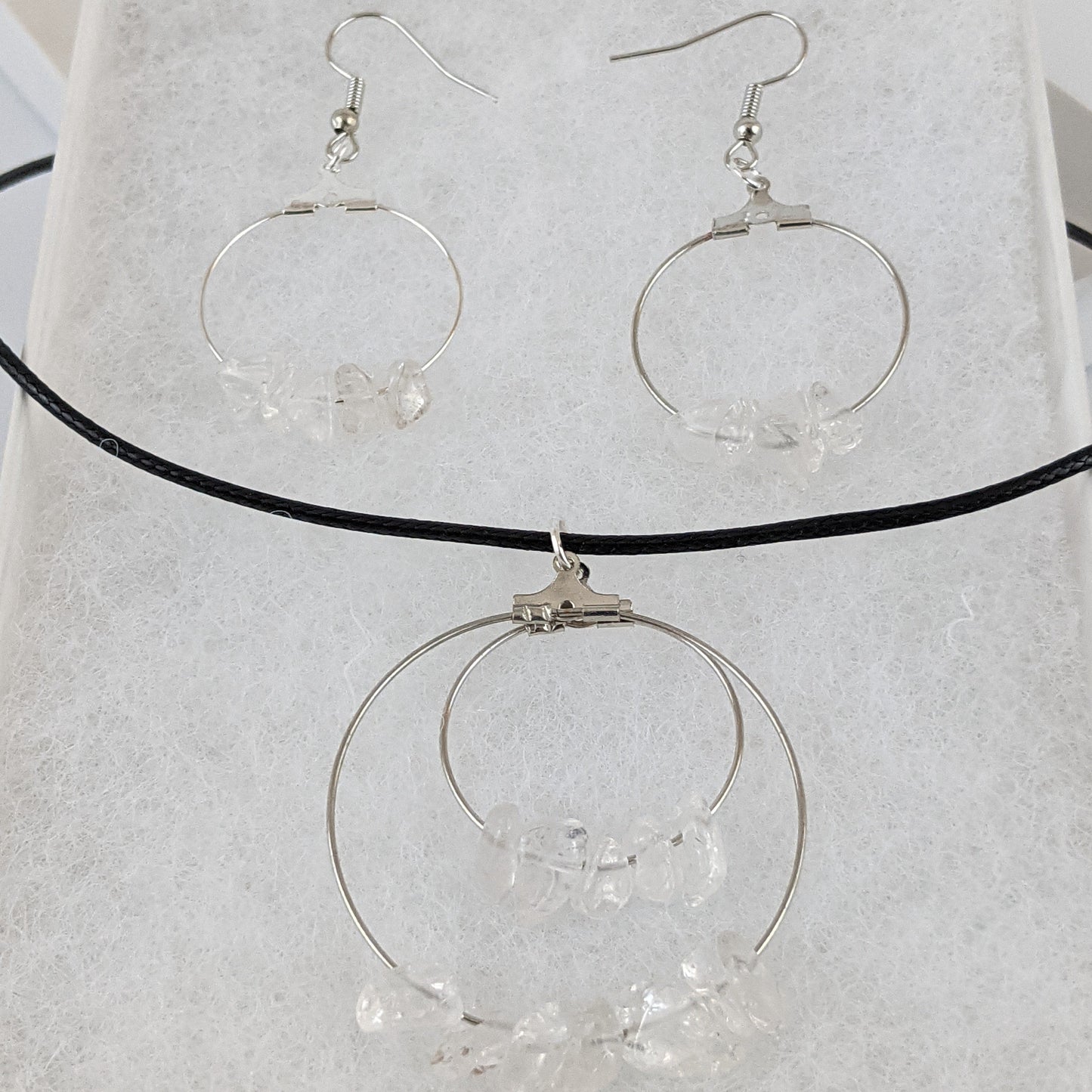 Crystal Quartz Double Circle Pendant and Circle Hoop Earrings Set