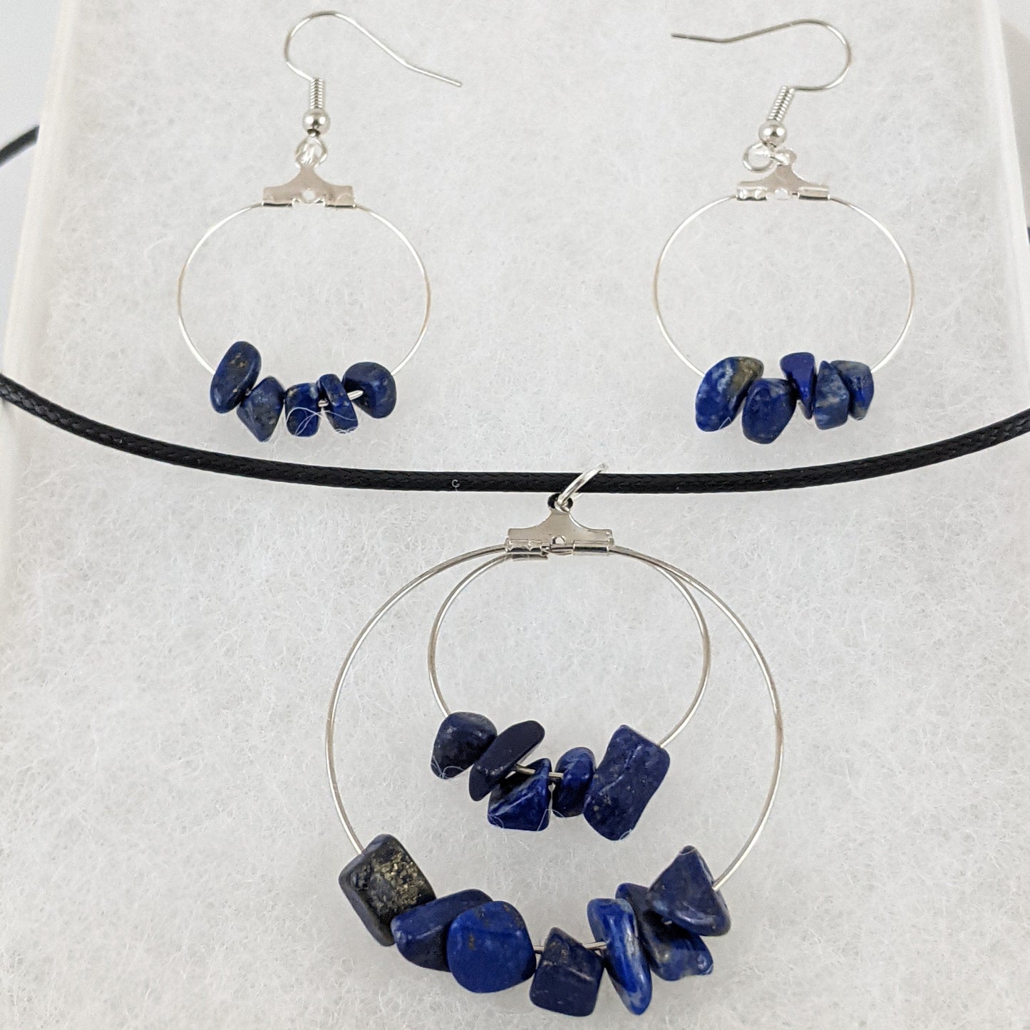 Lapis Lazuli Double Circle Pendant and Circle Hoop Earrings Set