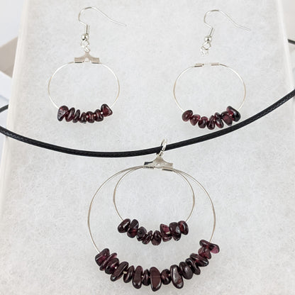 Garnet Double Circle Pendant and Circle Hoop Earrings Set